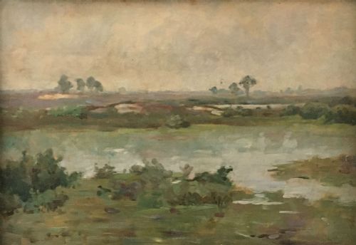View of a Lake - Antique Oil Painting