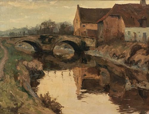 View of a Bridge II - Antique Oil Painting