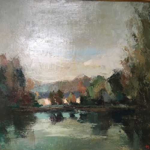 View of a Lake II - Antique Oil Painting