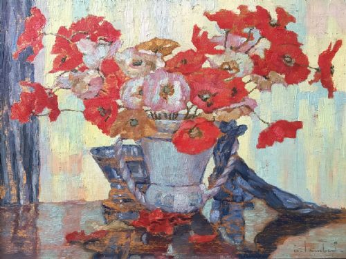 Poppies in a Vase - Antique Oil Painting
