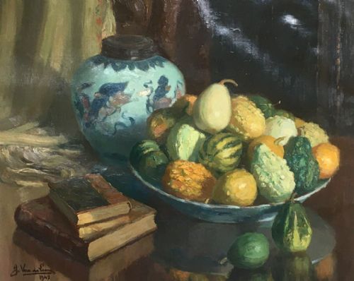 Gourds in a Bowl - Antique Oil Painting