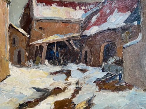 Village in Winter - Antique Oil Painting