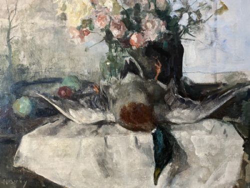 Still Life with Mallard and Flowers - Antique Oil Painting