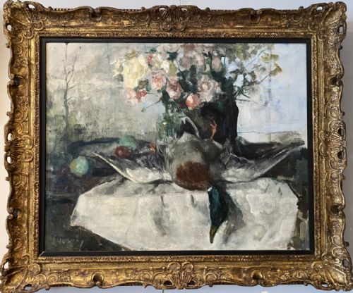 fig 1. Still Life with Mallard and Flowers - Antique Oil Painting