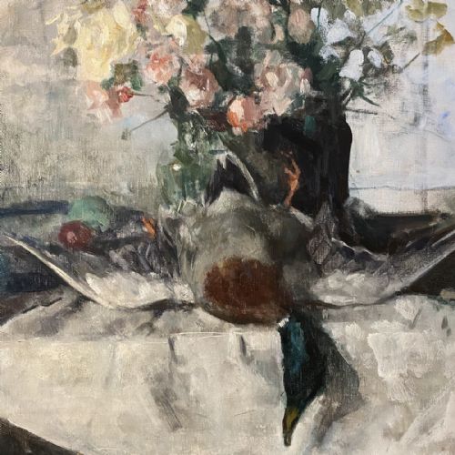 fig 2. Still Life with Mallard and Flowers - Antique Oil Painting