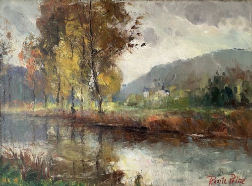 River View in Autumn - Antique Oil Painting