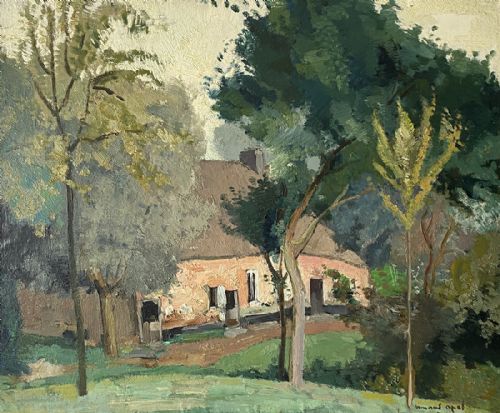 Pink Cottage - Antique Oil Painting