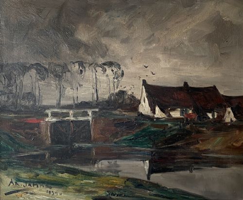 House by the Lock - Antique Oil Painting