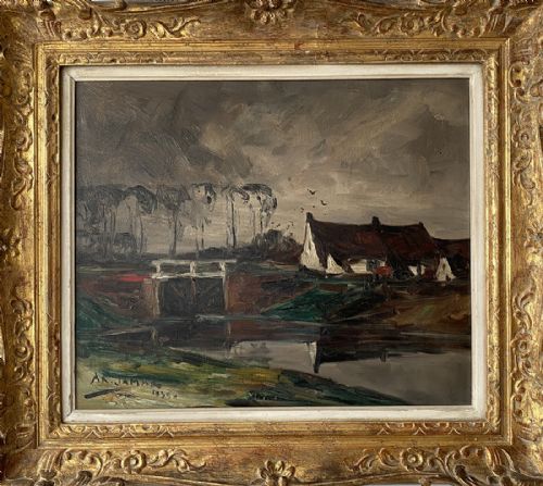 fig 1. House by the Lock - Antique Oil Painting