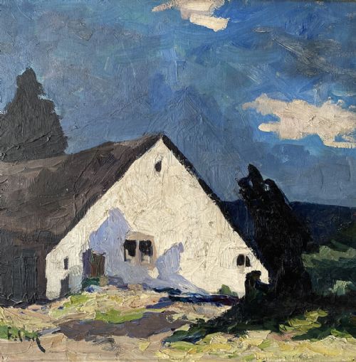 fig 1. White Cottage - Antique Oil Painting