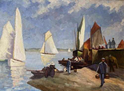 View of a Port - Antique Oil Painting
