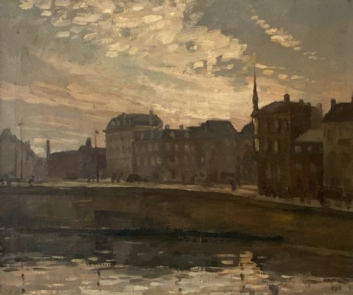 Town on a River - Antique Oil Painting