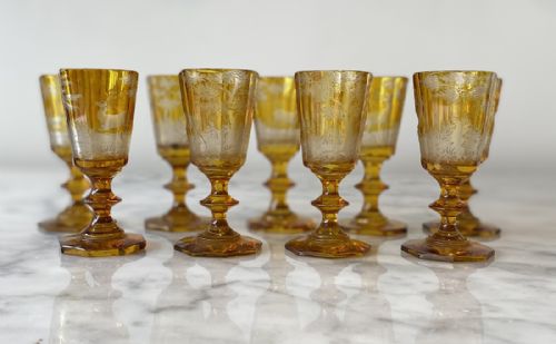 Set of Nine Engraved Amber Liqueur Glasses
