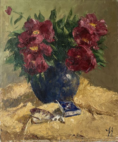Peonies in a Vase - Antique Oil Painting