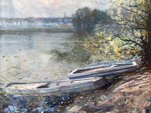 Two Boats on a Riverbank - Antique Painting