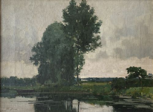 River Landscape - Antique Oil Painting