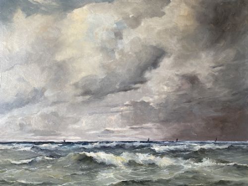 Boats on a Stormy Sea - Antique Oil Painting