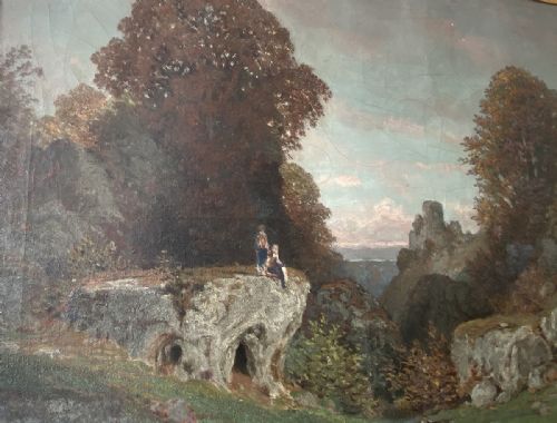 Figures on a Rock - Antique Oil Painting