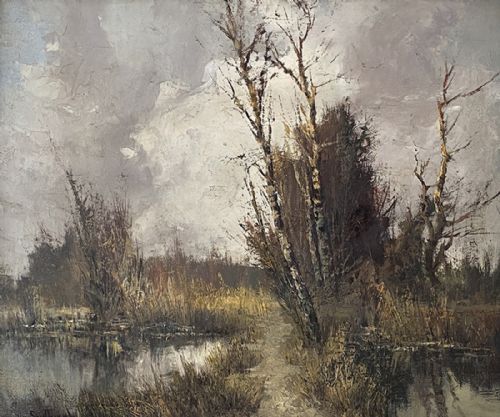 View of a Lake in Autumn - Antique Oil Painting