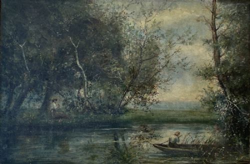 River Scene - Antique Oil Painting