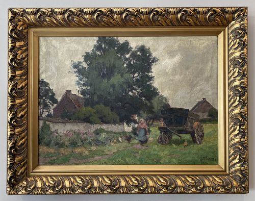 fig 1. An antique oil painting depicting a rural woman carrying a bucket near a wooden cart and farm buildings under large trees.