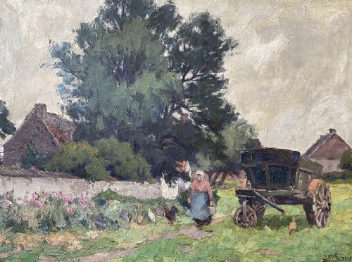 fig 2. An antique oil painting depicting a rural woman carrying a bucket near a wooden cart and farm buildings under large trees.