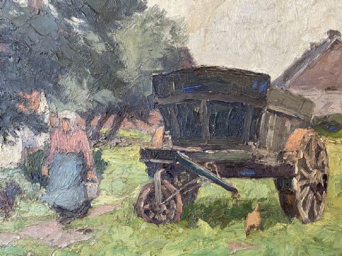 fig 3. An antique oil painting depicting a rural woman carrying a bucket near a wooden cart and farm buildings under large trees.