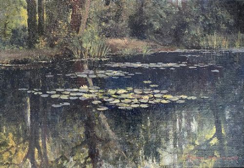 Lillies on a Lake - Antique Oil Painting