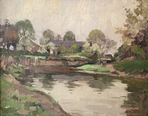 RIVER LANDSCAPE ANTIQUE OIL PAINTING