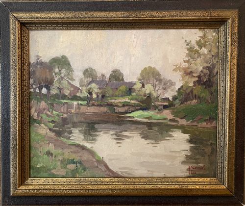 RIVER LANDSCAPE ANTIQUE OIL PAINTING - ADDITIONAL PHOTO 1