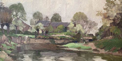 RIVER LANDSCAPE ANTIQUE OIL PAINTING - ADDITIONAL PHOTO 2