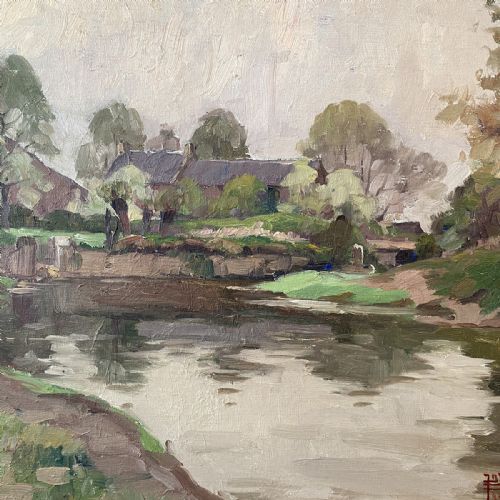 RIVER LANDSCAPE ANTIQUE OIL PAINTING - ADDITIONAL PHOTO 3
