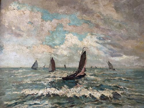 Boats on a Rough Sea - Antique Oil Painting