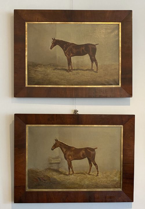 Pair of Chestnut Horses - Antique Oil Painting