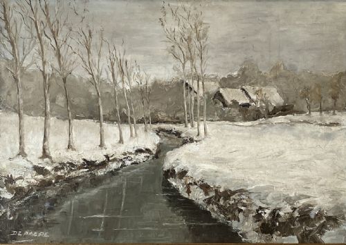 River in Winter - Antique Oil Painting