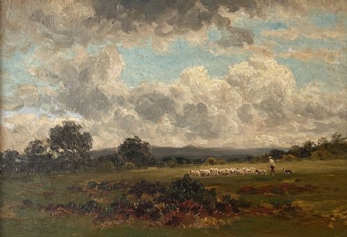 Shepherd with His Flock _ Antique Oil Painting