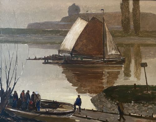 Boats on a River - Antique Oil Painting