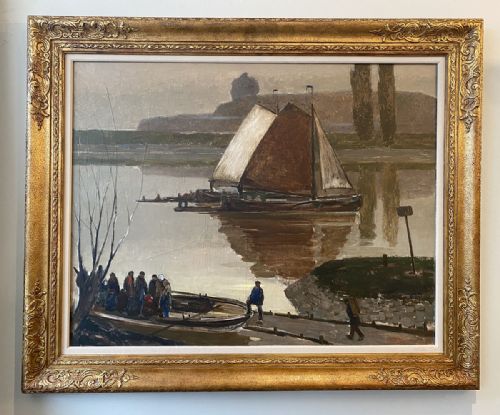 fig 1. Boats on a River - Antique Oil Painting
