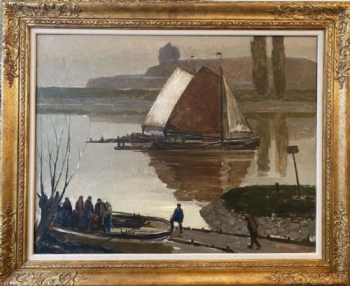fig 2. Boats on a River - Antique Oil Painting