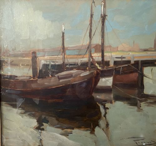 Fishing Boats - Antique Oil Painting
