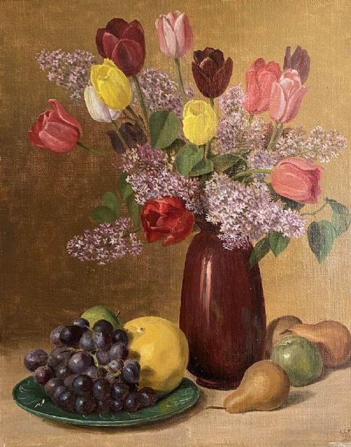 Tulips and Lilacs in a Vase - Antique Oil Painting