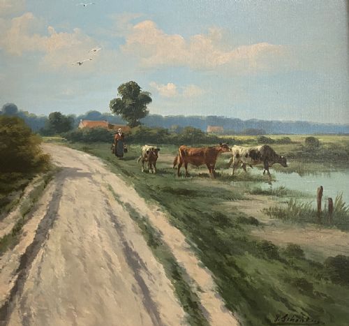 Cattle by a Lake - Antique Oil Painting