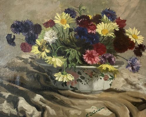 Flowers in a Painted Bowl - Antique Oil Painting