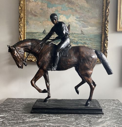 Large Sculpture of a Racehorse and Jockey