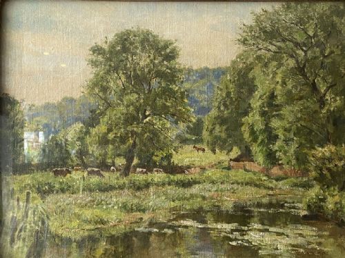 Cattle by a River - Antique Oil Painting