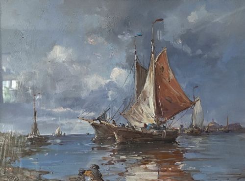 Fishing Boats - Antique Oil Painting