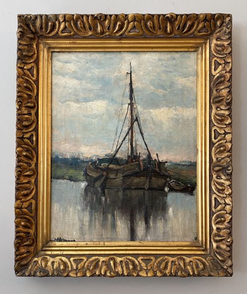 fig 1. The Barge - Antique Oil Painting