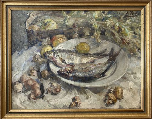 fig 1. Two Fish on a Plate - Antique Oil Painting