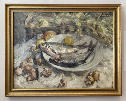 fig 2. Two Fish on a Plate - Antique Oil Painting