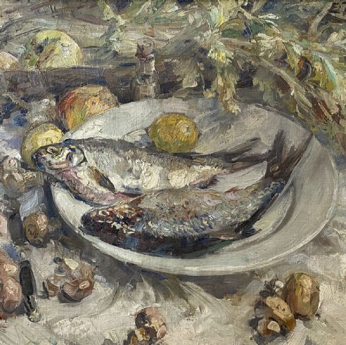 fig 3. Two Fish on a Plate - Antique Oil Painting